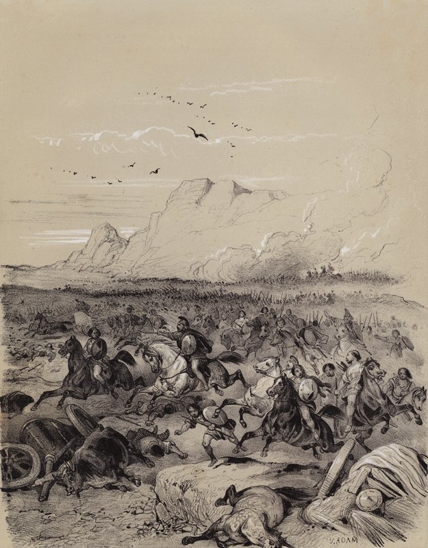 Nederlag af den invaderende Cimbri af den romerske general Gaius Marius i slaget ved Vercellae, Italien af French School