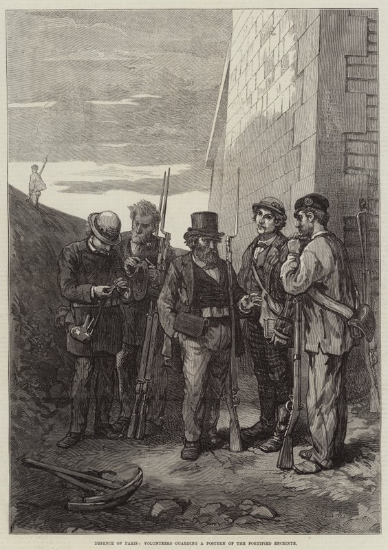 Defense of Paris, Frivillige, der bevogter en plakat af den befæstede Enceinte (gravering) af French School