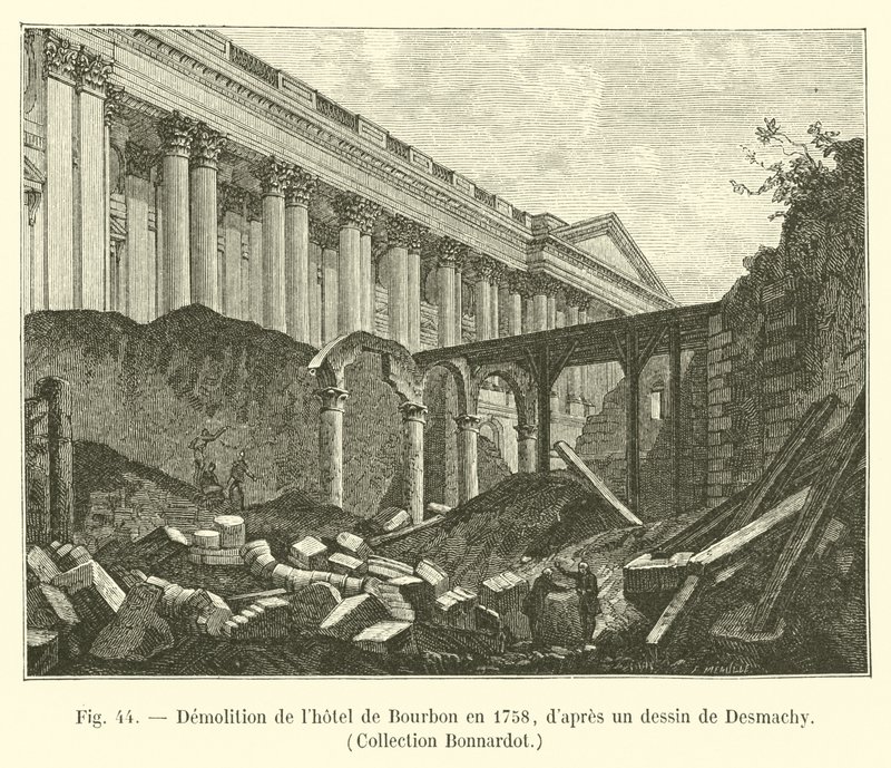 Nedrivning af Hôtel de Bourbon i 1758, efter en tegning af Desmachy, Collection Bonnardot af French School