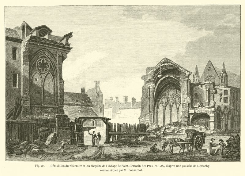 Nedrivning af refektoriet og kapitlet i klosteret Saint-Germain des Pres, i 1797, efter en gouache af Demachy, meddelt af M Bonnardot af French School