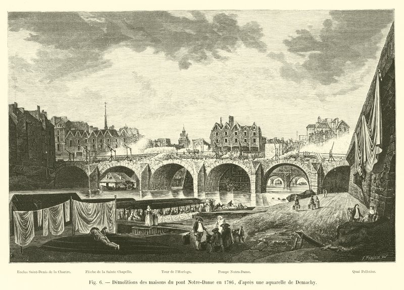 Nedrivning af husene på Notre-Dame-broen i 1786, efter en akvarel af Demachy af French School