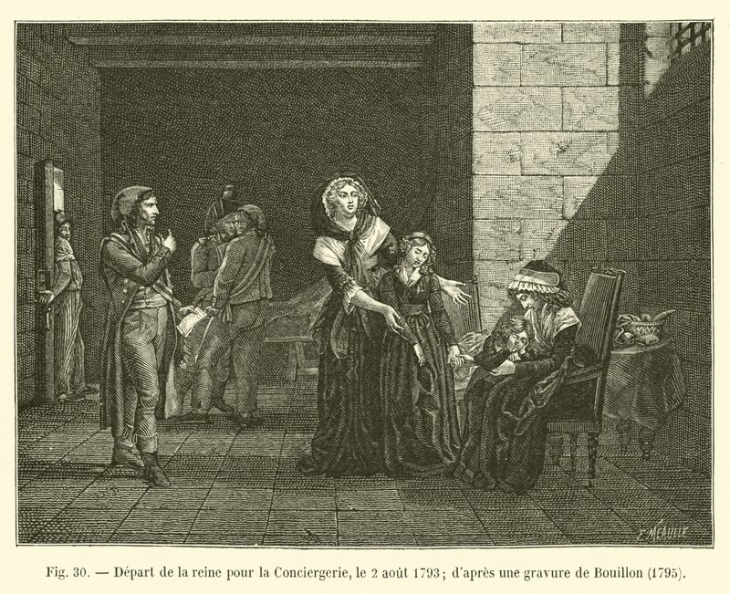 Dronningens Afgang til Conciergeriet, 2. August 1793; efter en gravering af Bouillon, 1795 af French School