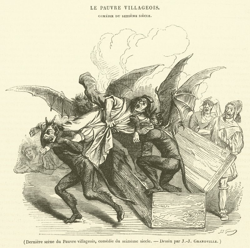 Sidste scene af den fattige landsbyboer, komedie fra det sekstende århundrede (gravering) af French School