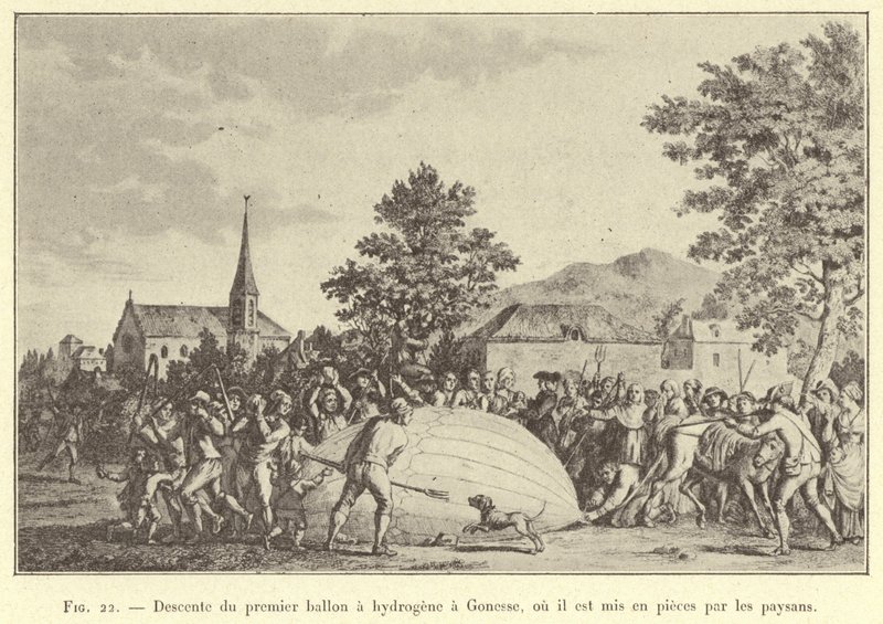 Nedstigning af den første brintballon til Gonesse, hvor den bliver revet i stykker af bønderne (gravering) af French School