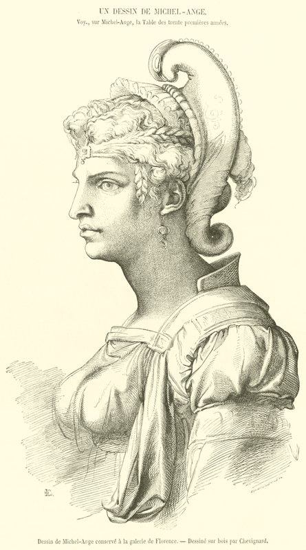 Tegning af Michelangelo opbevaret på galleriet i Firenze (gravering) af French School