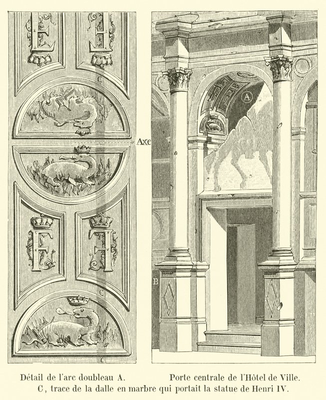 Detalje af den tværgående bue A, midterdøren til Hôtel de Ville, C, spor af marmorpladen, som bar statuen af ​​Henri IV af French School