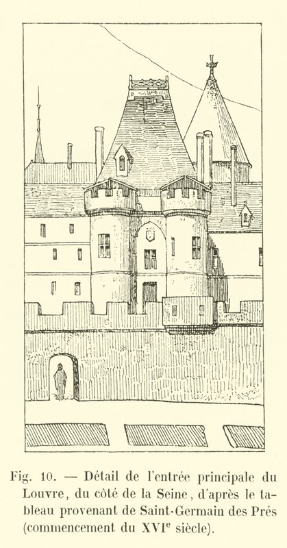 Detalje af hovedindgangen til Louvre, fra siden af ​​Seinen, efter maleriet fra Saint-Germain des Pres, begyndelsen af ​​det 16. århundrede af French School