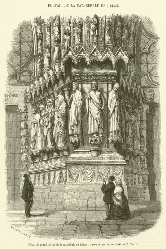 Detalje af hovedportalen til Reims katedral, venstre bugt (gravering) af French School