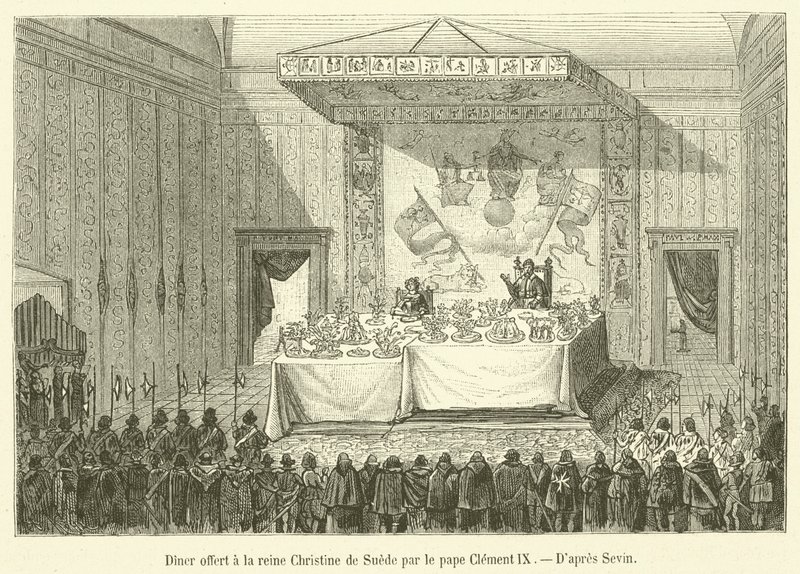 Middag tilbudt dronning Christina af Sverige af pave Clemens IX (gravering) af French School