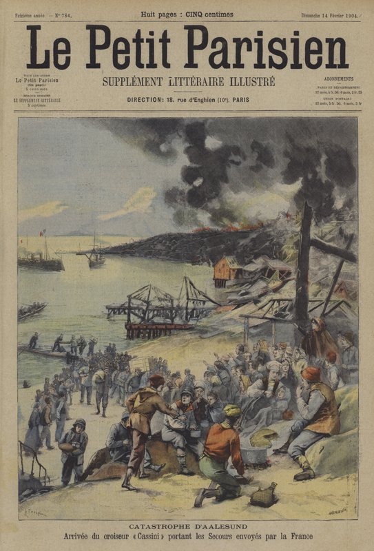 Katastrof brand ved Ålesund Norge (farve litho) af French School