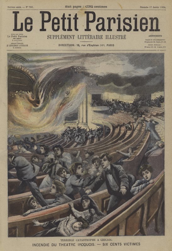 Katastrof brand i Iroquois Theatre i Chicago (farve litho) af French School