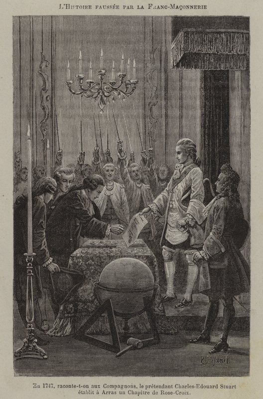 Forvrængning af historien af frimurerne: den formodede etablering af et kapitel af rosenkors af prætendenten Charles Edward Stuart i Arras i 1747 (gravering) af French School