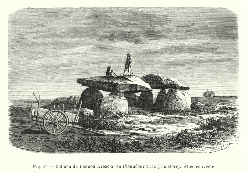 Dolmen of Pennou Creach, i Plouneour Trez, Finistere, overdækket gangbro (gravering) af French School