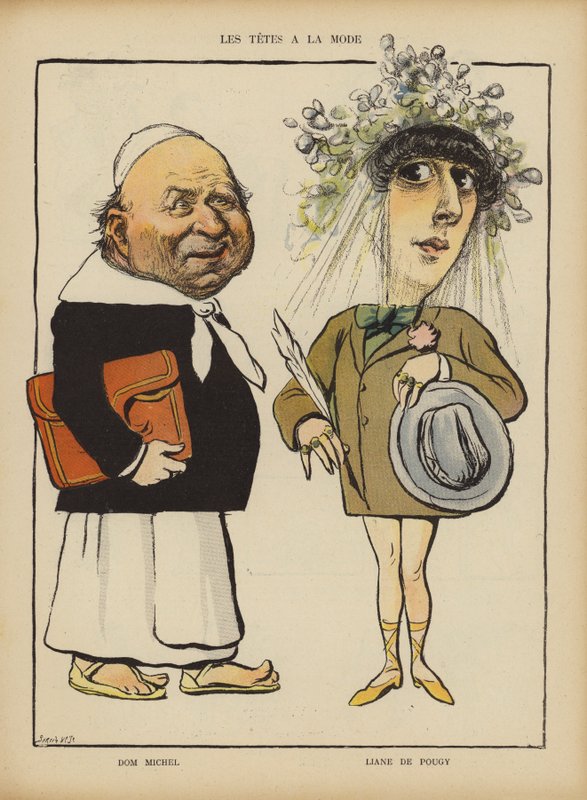 Dom Michel og den franske danser og kurtisane Liane de Pougy. Illustration til Le Rire (farve litho) af French School
