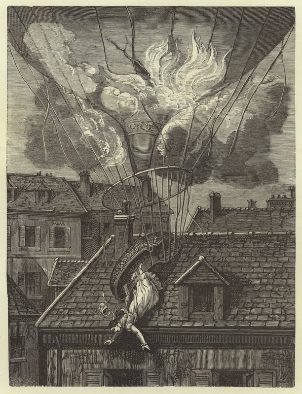 Dramatisk død af aeronauten Madame Blanchard, 6. juli 1819 af French School
