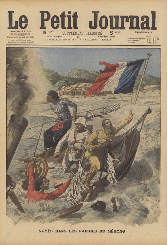 Druknet i floden Mekong-floden (farve litho) af French School