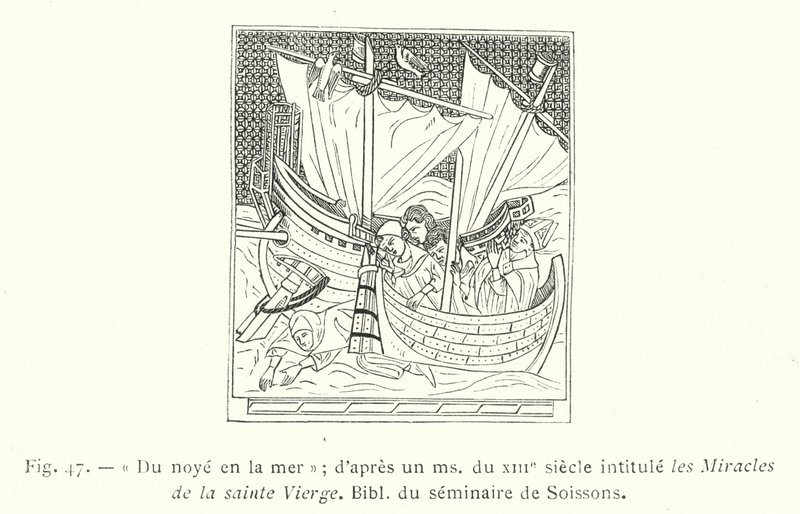 Fra drukning i havet; efter en ms fra det 13. århundrede med titlen The Miracles of the Blessed Virgin, Bibl fra seminariet i Soissons (gravering) af French School