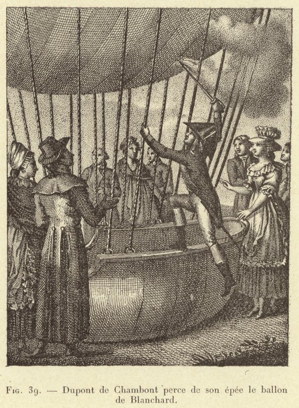 Dupont de Chambon gennemborer Blanchards ballon med sit sværd (gravering) af French School