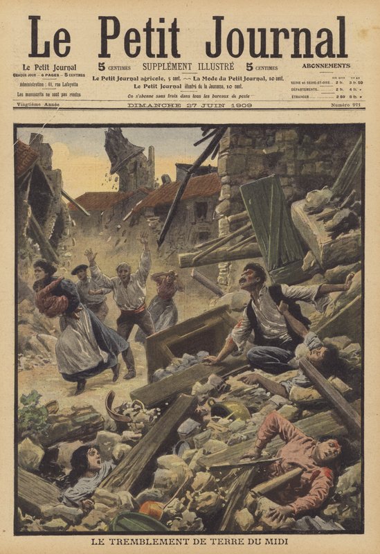 Jordskælv i Midi-regionen i Frankrig (farve litho) af French School