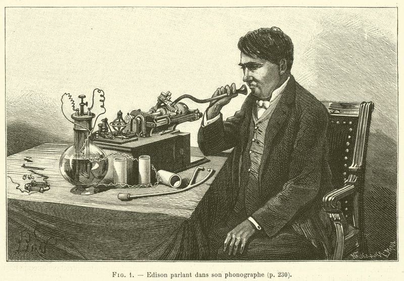 Edison taler ind i sin fonograf (gravering) af French School