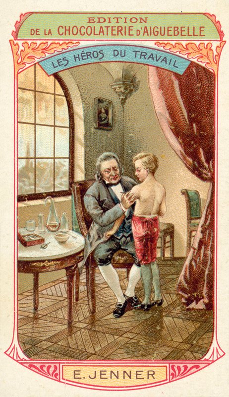 Edward Jenner, engelsk læge og videnskabsmand, der opdagede en vaccine mod kopper (chromolitho) af French School