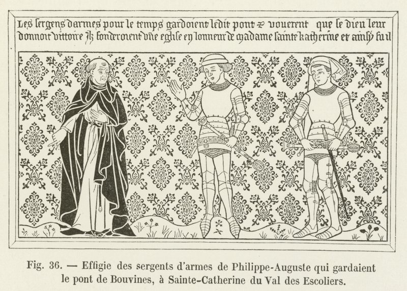 Billede af Philippe-Augustes våbensergenter, der bevogtede Bouvines-broen ved Sainte-Catherine du Val des Escoliers af French School