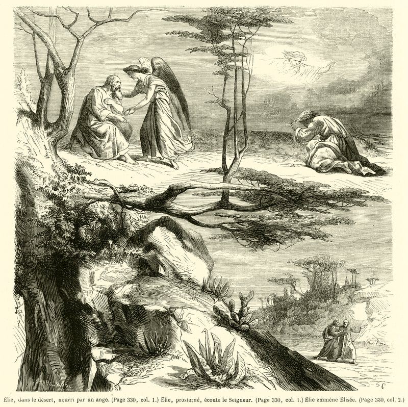 Elias, i ørkenen, fodret af en engel, Elias, lægger sig ned, lytter til Herren, Elias leder Elise (gravering) af French School