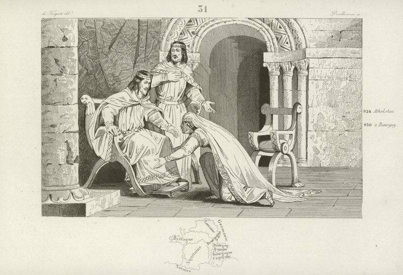 Emma of France kisses the knee of her husband Raoul, in recognition of his sovereignty  af French School