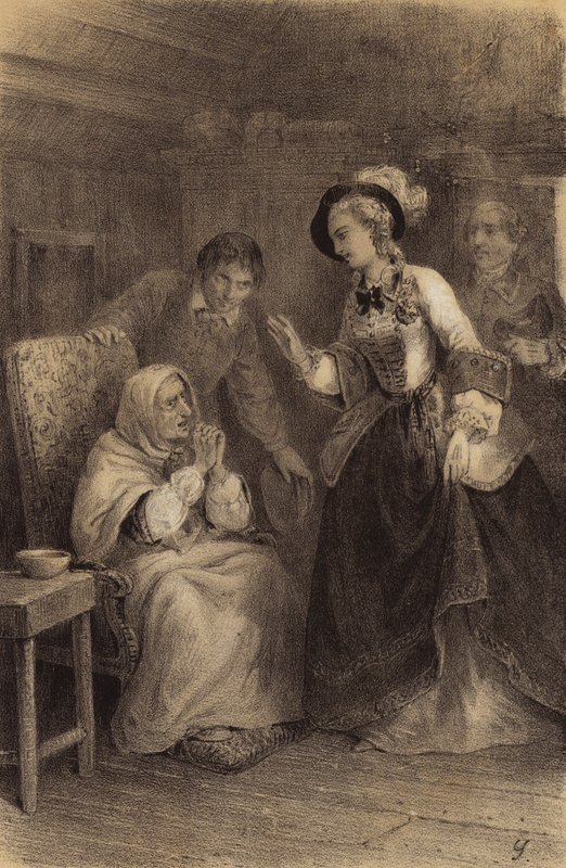 Kejserinde Maria Theresa fra Østrig besøger en husbundet fattig kvinde (Litho) af French School