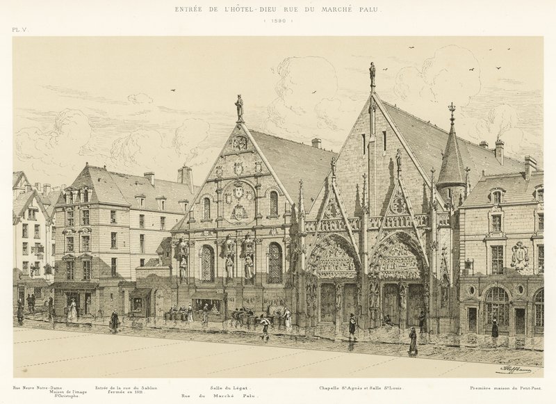 Indgang til Hotel-Dieu rue du Marche Palu, 1590 af French School