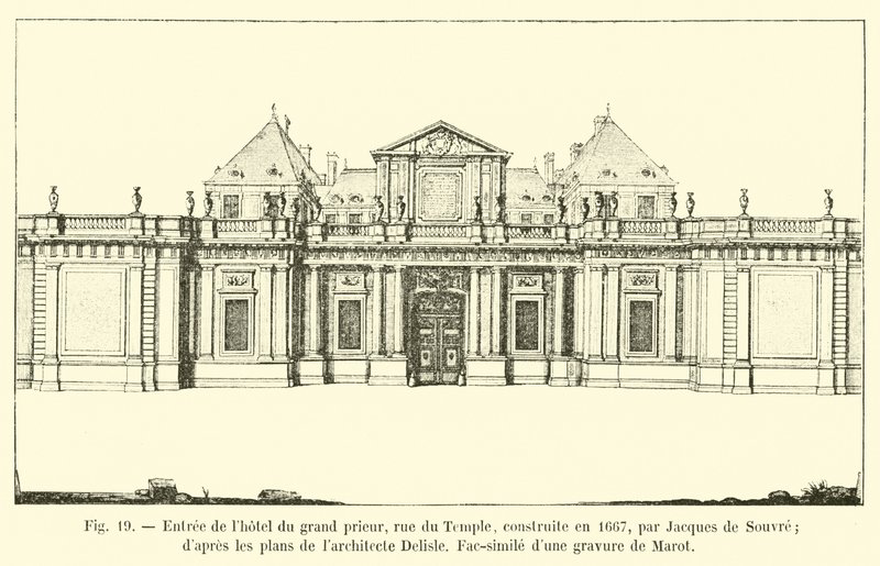 Indgang til Hôtel du Grand Prior, rue du Temple, bygget i 1667 af Jacques de Souvre; ifølge planerne fra arkitekten Delisle, Faksimile af en gravering af Marot af French School