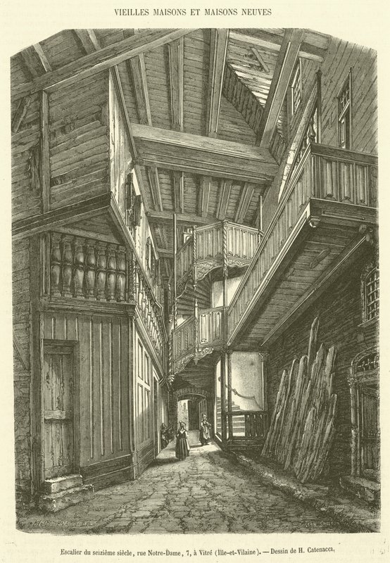 Trappe fra det sekstende århundrede, rue Notre-Dame, 7, i Vitre, Ille-et-Vilaine (gravering) af French School