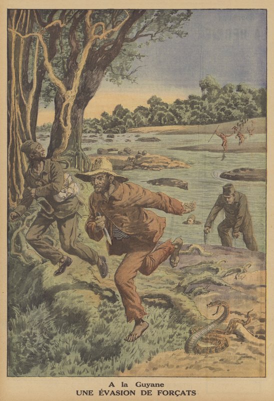 Flugt af dømte i Fransk Guyana (farve litho) af French School