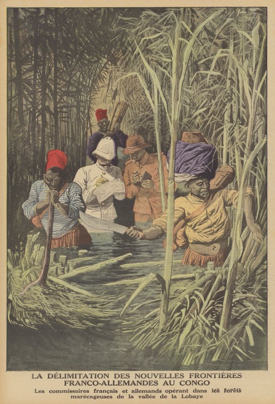 Etablering af grænsen mellem franske og tyske territorier i Congo (farve litho) af French School