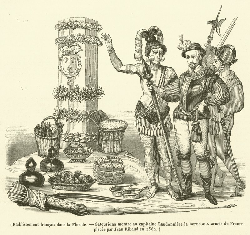 Fransk etablissement i Florida, Satouriona viser kaptajn Laudonniere terminalen med Frankrigs våben placeret af Jean Ribaud i 1562 (gravering) af French School