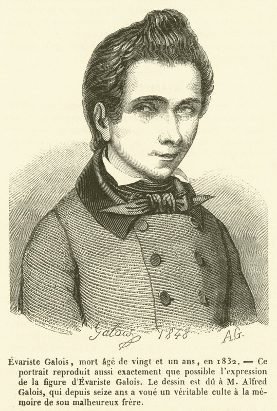 Evariste Galois, død enogtyve år gammel i 1832 (gravering) af French School
