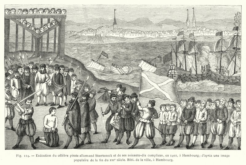 Henrettelse af den berømte tyske pirat Stoerteneck og hans halvfjerds medskyldige i 1402 i Hamborg; fra et populært billede fra slutningen af ​​det 16. århundrede, City Bibl, Hamburg (gravering) af French School