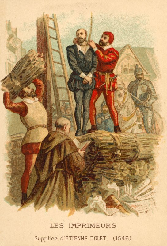 Henrettelse af Etienne Dolet, fransk lærd, oversætter og printer, Paris, 1546 af French School
