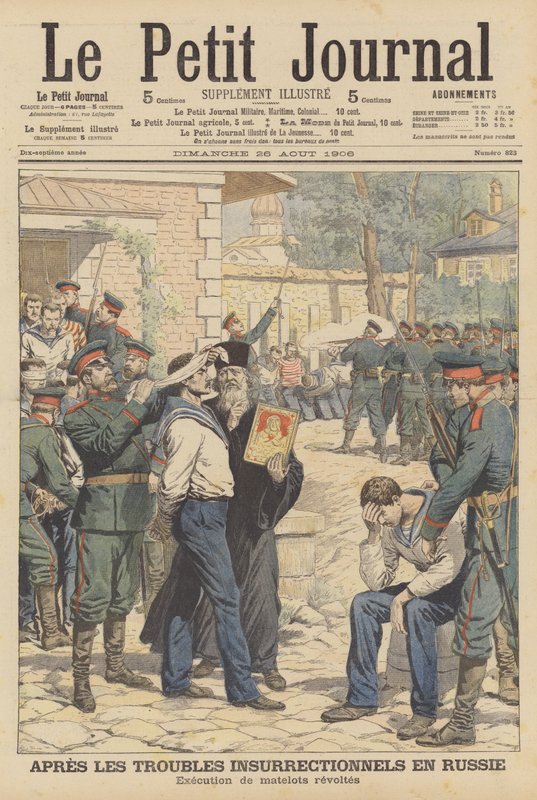 Henrettelse af russiske sømænd, der gjorde mytteri i august 1906 (farve litho) af French School