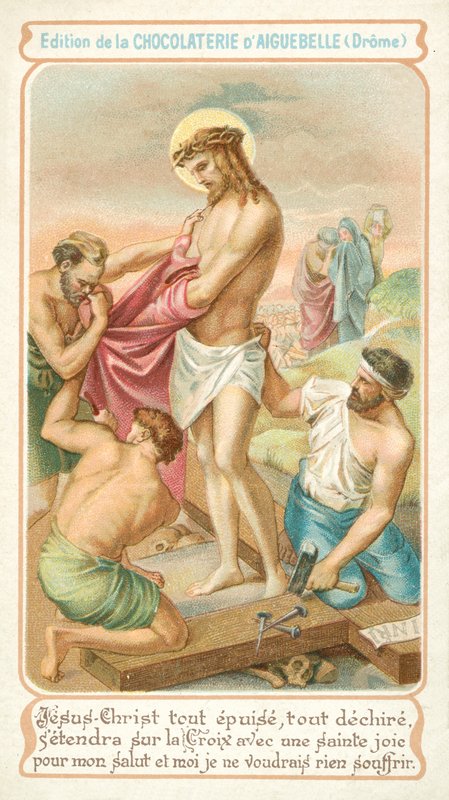 Udmattet gør Jesus sig klar til at blive naglet til korset (chromolitho) af French School