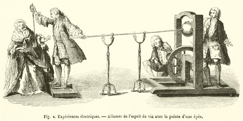 Elektriske eksperimenter, tænding af vinens ånd med spidsen af ​​et sværd (gravering) af French School