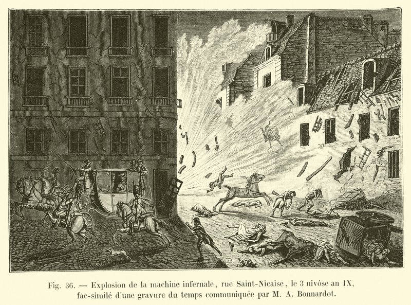 Eksplosion af den infernalske maskine, rue Saint-Nicaise, 3 Nivose, år IX, faksimile af en gravering fra tiden meddelt af M A Bonnardot af French School