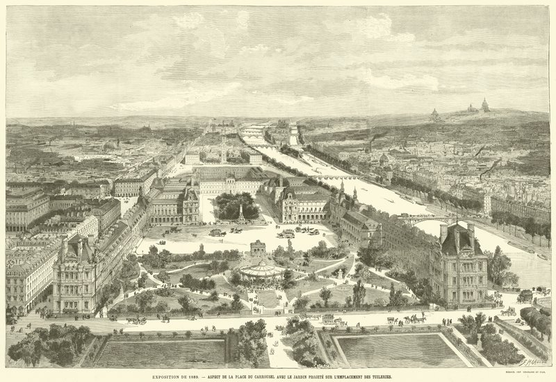 Udstilling fra 1889, Aspekt af Place du Carrousel med den forventede have på Tuilerierne (gravering) af French School