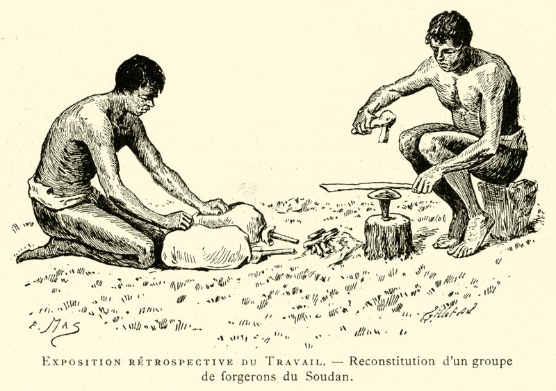 Retrospektiv udstilling af Labour, rekonstruktion af en gruppe smede fra Sudan (gravering) af French School