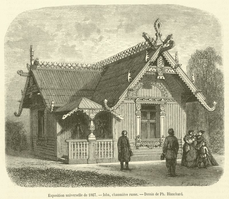 Verdensudstilling fra 1867, Isba, russisk sommerhus (gravering) af French School