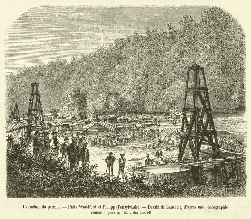 Olieudvinding, Woodford og Philipp Wells, Pennsylvania (gravering) af French School