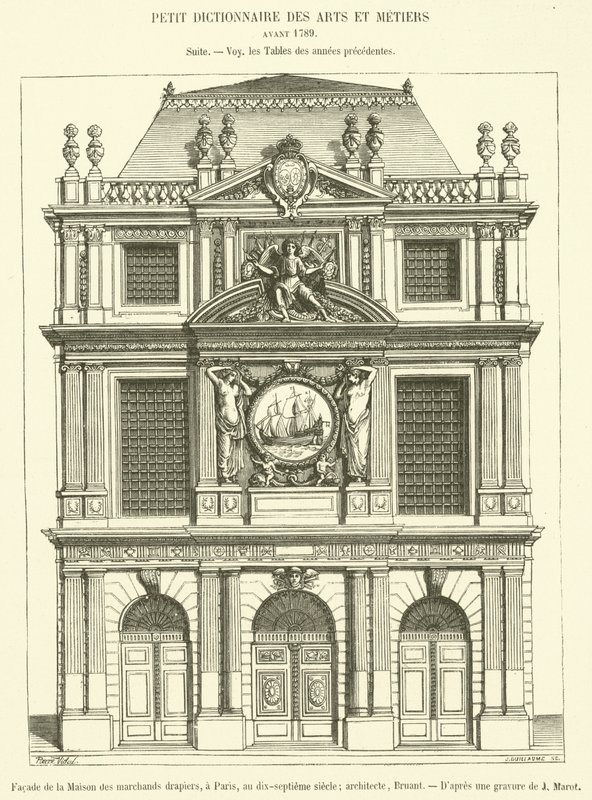 Facade af Maison des Marchands Clothiers, i Paris, i det syttende århundrede (gravering) af French School