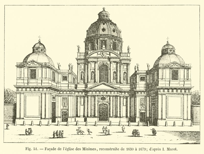 Facade af Minimes kirke, ombygget fra 1630 til 1679; efter I Marot af French School