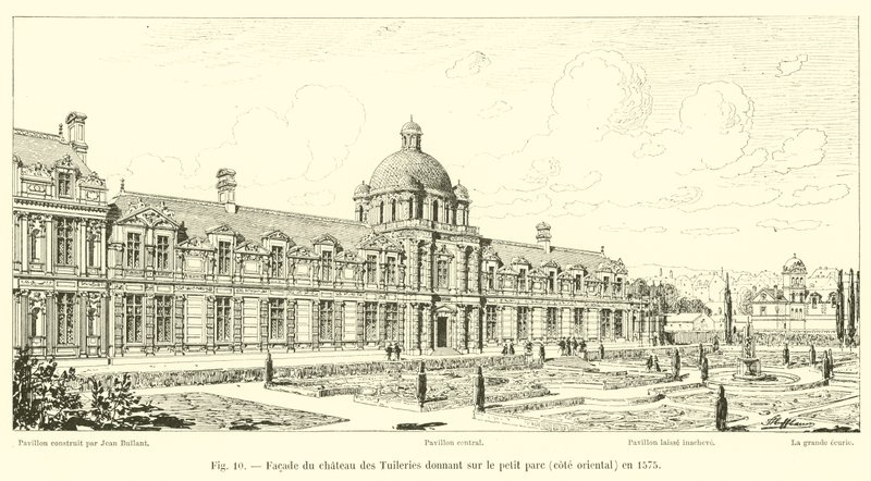 Facaden af ​​Chateau des Tuileries med udsigt over den lille park, østlige side, i 1575 af French School