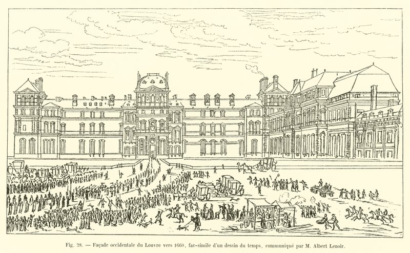 Louvres vestlige facade omkring 1660, faksimile af en tegning fra tiden, formidlet af M Albert Lenoir af French School